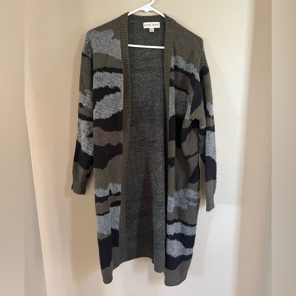 Knox Rose Olive Green Gray Black Open-Front Long Cardigan